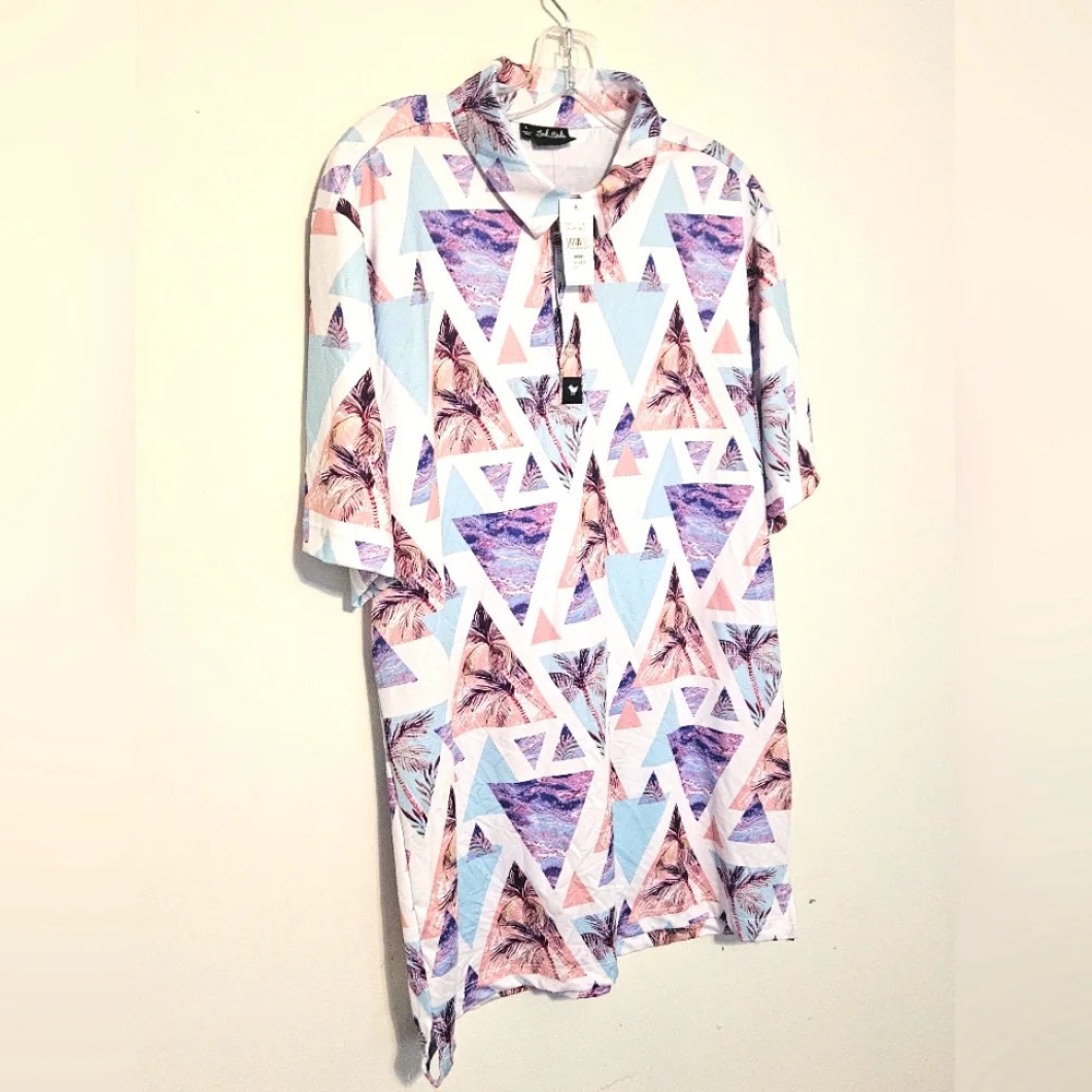 Bad Birdie Mens L PurpleGeometric Hawaiian Print ShortSleeve Golf Polo Shirt - Picture 5 of 11